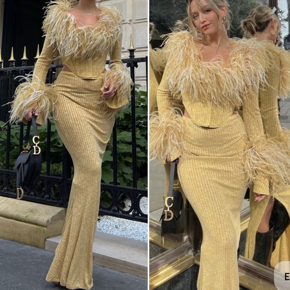 NWT 16Arlington Nasu Leather-trimmed Ribbed-knit Maxi Skirt Pastel yellow $580 - Picture 6 of 16